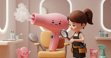 Frustrated hairstylist troubleshooting a salon hair dryer during a busy workday
