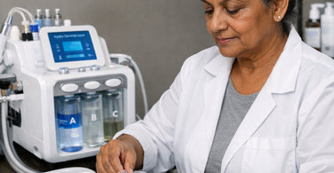 Technician troubleshooting suction issues on hydro-dermabrasion equipment in a spa setting