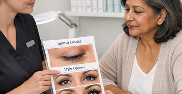 Before and after troubleshooting patchy results on mature client with sparse lashes using professional techniques and products from Pure Spa Direct