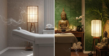 Serene spa treatment room featuring East-West furnishings including bamboo dividers, teak furniture, and soft lighting