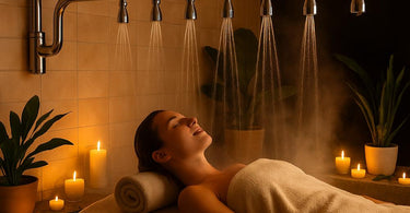 Luxurious Vichy Shower in a modern spa setting, showcasing multiple showerheads for a relaxing hydrotherapy experience