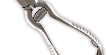 Ultra Toenail Nipper - Stainless Steel - Barrel Spring - Made in Italy / 4.75" L held in a professional gloved hand against a white background.