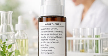 Close-up of a professional spa aesthetician analyzing the INCI ingredient label on a skincare serum bottle in a modern treatment room