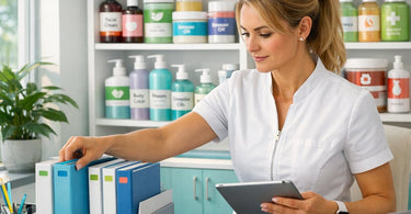 A neatly organized binder labeled SDS with colorful dividers and printed safety data sheets, sitting on a sleek salon counter next to a magnifying light and a small plant.