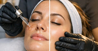 A serene image of a professional aesthetician performing a brightening facial treatment on a client in a modern med spa setting