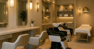 Modern hair salon and spa furniture arrangement showcasing stylish reception area, pedicure chairs, and treatment tables