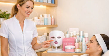 Spa professional offering a client a luxurious add-on service, featuring products for brow tint, lip mask, and LED aftercare, emphasizing upselling in a waxing setting.