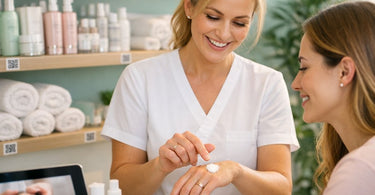 A smartphone scanning a QR code on a salon retail shelf next to professional waxing supplies and skincare products.