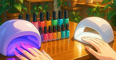 Comparison of UV and LED nail lamps curing professional gel polish in a modern salon setting