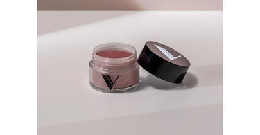 V Beauty Pure V Acrylic System Powder in shade #143 Show Me Love, a soft ballet pink, in a professional jar with brush.