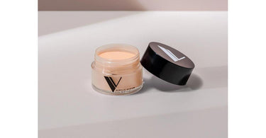 V Beauty Pure V Acrylic System Powder in Creme Brulle shade displayed with nail art tools
