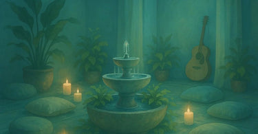 Sound healing instruments including singing bowls and tuning forks arranged spa treatment setting