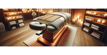 Massage table with a cozy table warmer in a serene spa setting