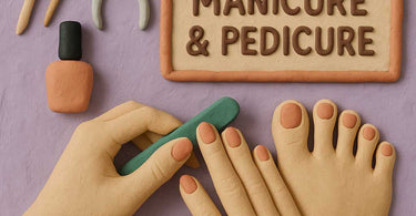 A modern spa setup for a waterless manicure featuring clean towels, cuticle oils, and nail polish on a sleek manicure table