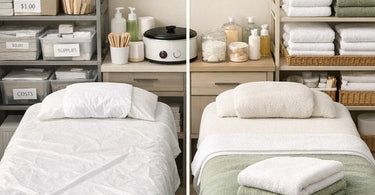 A well-organized wax room with soft, spa-blue linens on a professional waxing table, representing the choice between disposable and reusable linen strategies for salons and spas.