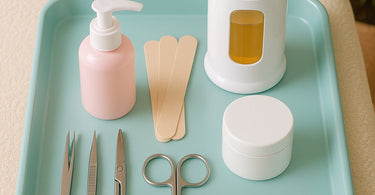 A perfectly organized professional wax station setup with a surgical tray layout, showing wax warmers, spatulas, and products within easy reach.