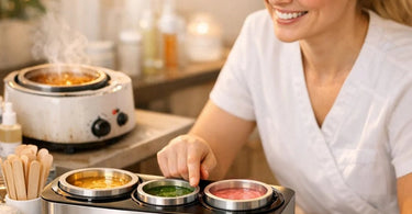 A collage of professional wax warmers on a salon counter, with icons highlighting capacity, a thermostat dial, and warning symbols for failure signs, illustrating the wax warmer buying guide.
