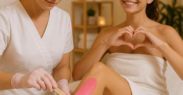 Pink wax beads and professional waxing tools arranged on spa table