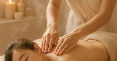 A spa professional's hands assessing tissue density and movement on a client's back during a massage treatment