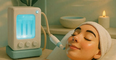 Close-up of a Hydrofacial treatment in progress, showing the wand gliding over hydrated, glowing skin.