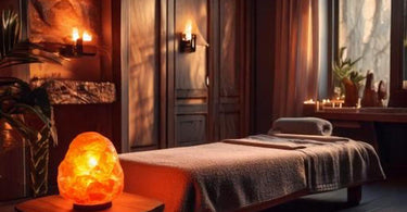 Himalayan salt lamp emitting a warm glow in a spa setting