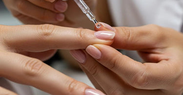 Close-up of a hand applying cuticle oil to nails