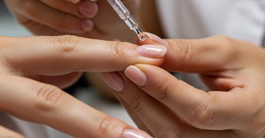 Close-up of a hand applying cuticle oil to nails