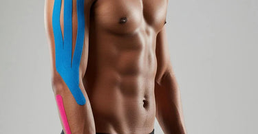 Kinesiology tape applied to a shoulder for pain relief and muscle support