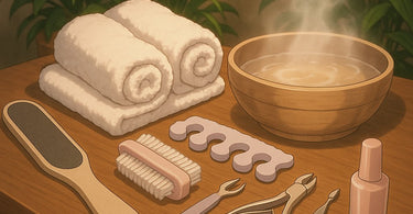 Professional pedicure station setup with comfortable chair, tools, and foot spa