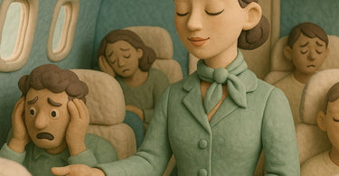 Flight attendant calmly assisting passenger while spa professional provides serene facial treatment