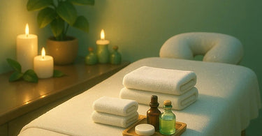 Woman receiving facial spa treatment with relaxed expression, surrounded by candles and luxury spa products
