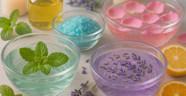 Aromatic foot soak with essential oils and flower petals in a beautiful spa setting