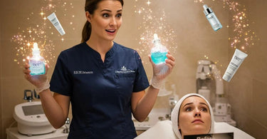 Spa therapist performing facial treatment on client with steam and skincare products visible