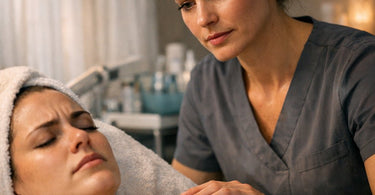 A compassionate spa professional offering a calm, supportive presence to a client in a serene treatment room