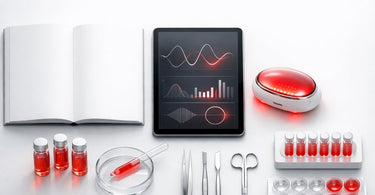 A spa professional in a clinical setting reviews a scientific journal on a tablet, with a red light therapy panel and professional skincare gels visible in the background.