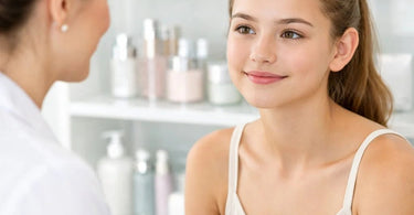 Close-up of a serene teenage girl receiving a professional acne facial treatment at a spa, focusing on clear, healthy skin.
