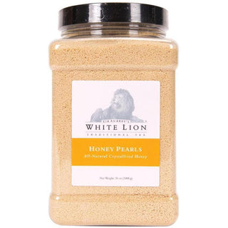 White Lion Honey Pearls in a glass jar