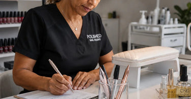 A modern, clean white ceramic pen cup and a sleek black metallic pen cup neatly holding pens and a few small tools on a salon reception desk, representing professionalism and organization.