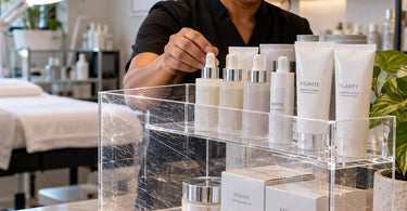 Clear acrylic retail display stands used to organize professional salon and spa products, illustrating how acrylic surfaces can develop scratches during everyday use