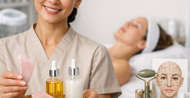 Close up of a spa professional performing an acupressure facial on a client, applying gentle pressure to specific points on the forehead and temples.