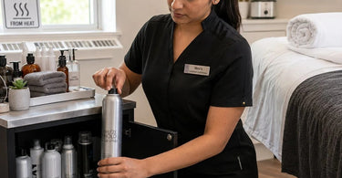 Visual guide explaining why aerosol cans need careful heat-aware storage to prevent safety risks in spas and salons.