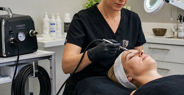 A professional black airbrush makeup hose neatly coiled and stored on a modern metal hanger, showcasing the importance of proper storage for salon efficiency, featuring a clean and organized beauty workspace.