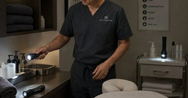 A professional beauty therapist uses a small, bright LED flashlight to examine a client's skin during a facial treatment, demonstrating the practical uses of backup flashlights in a spa or salon setting.