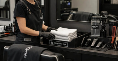 A clean, organized barber station featuring a dedicated clean towel zone with a stainless steel towel steamer, neatly stacked towels, and a neck strip dispenser, highlighting professional organization and hygiene.