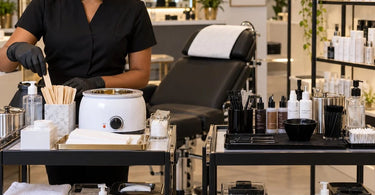 Professional brow waxing and tinting workstation organized into separate clean zones for waxing supplies, tint preparation tools, and hygienic salon service