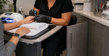 Salon interior showing a provider working near a cabinet with a door that swings into their workspace, demonstrating poor layout design.