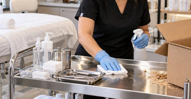 Professional spa treatment cart with clean organized supplies illustrating why cardboard dust and shipping packaging should be kept away from sanitized spa equipment