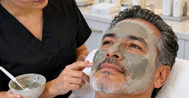 Professional clay facial mask showing faster drying around the jawline and outer edges of the face, illustrating uneven moisture evaporation during a spa facial treatment