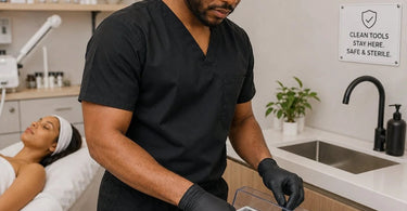 A clean, organized spa station with disinfected implements safely stored in a sealed container, away from the sink area, promoting hygiene and professionalism.