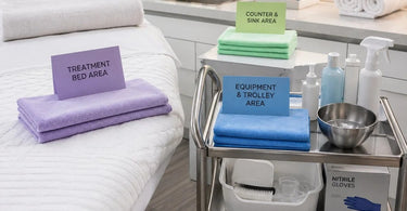 A vibrant display of color-coded cleaning cloths in red, yellow, green, and blue, neatly arranged to represent a professional salon and spa hygiene system.